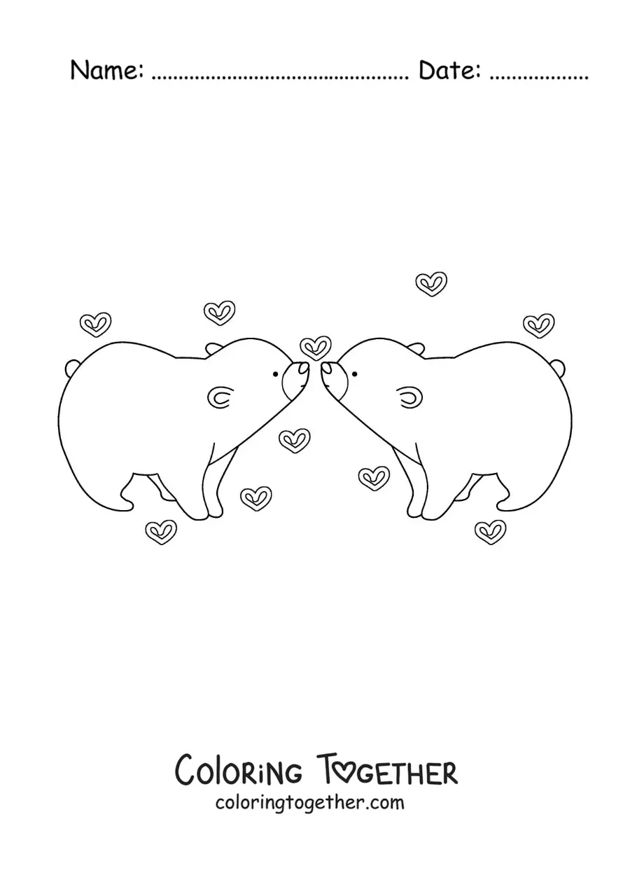 Coloring page of a pair of animated bears in love