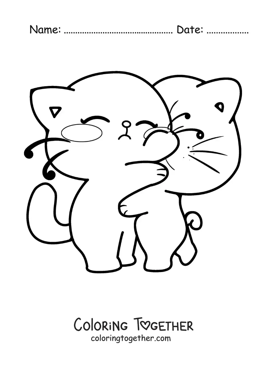Coloring page of a pair of cats in love hugging