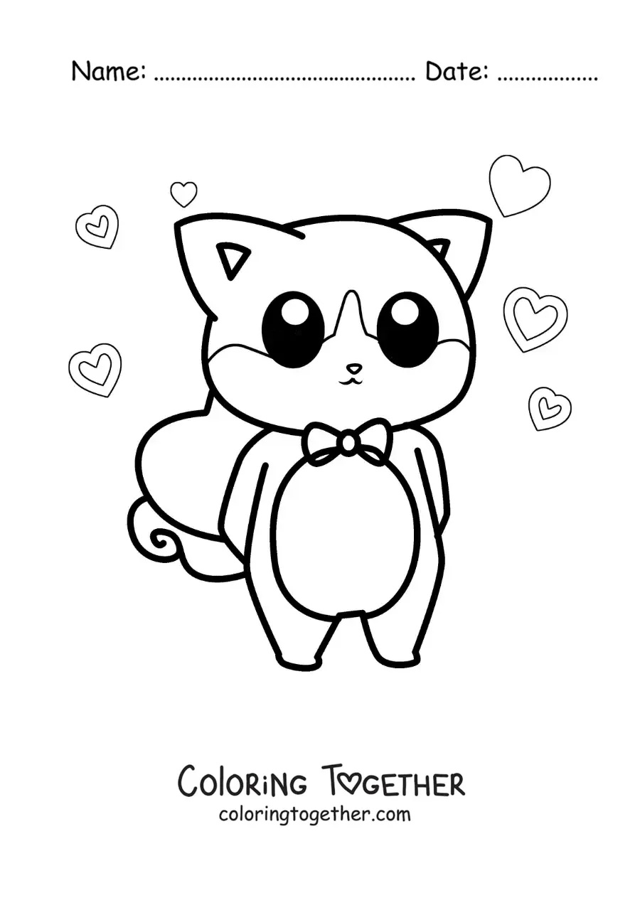 Coloring page of an elegant kawaii cat with a heart