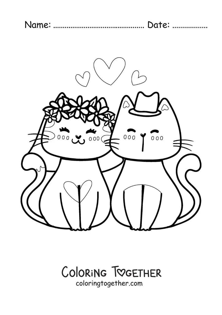 Coloring page of a kawaii kitten wedding with hearts