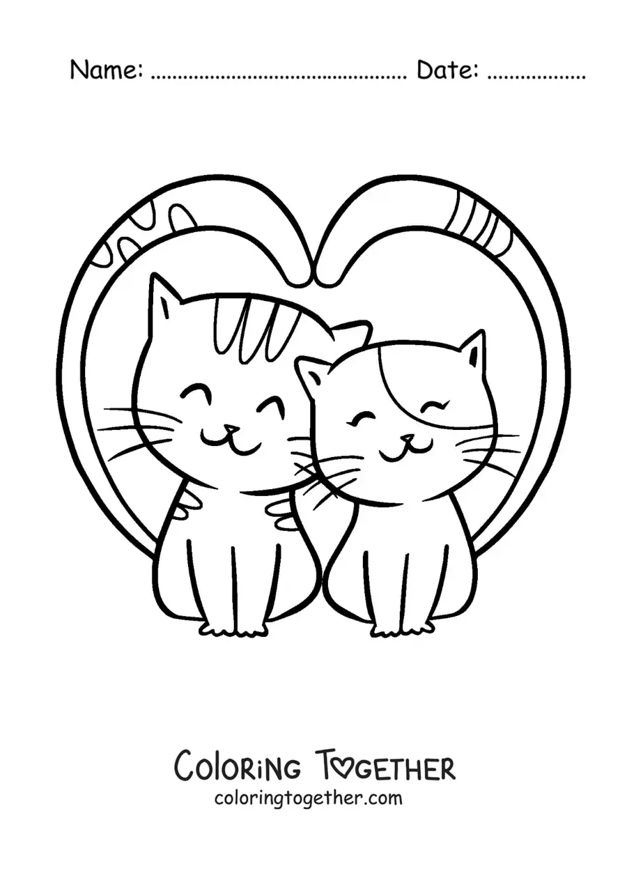 Coloring page of cats in love with their tails forming a heart
