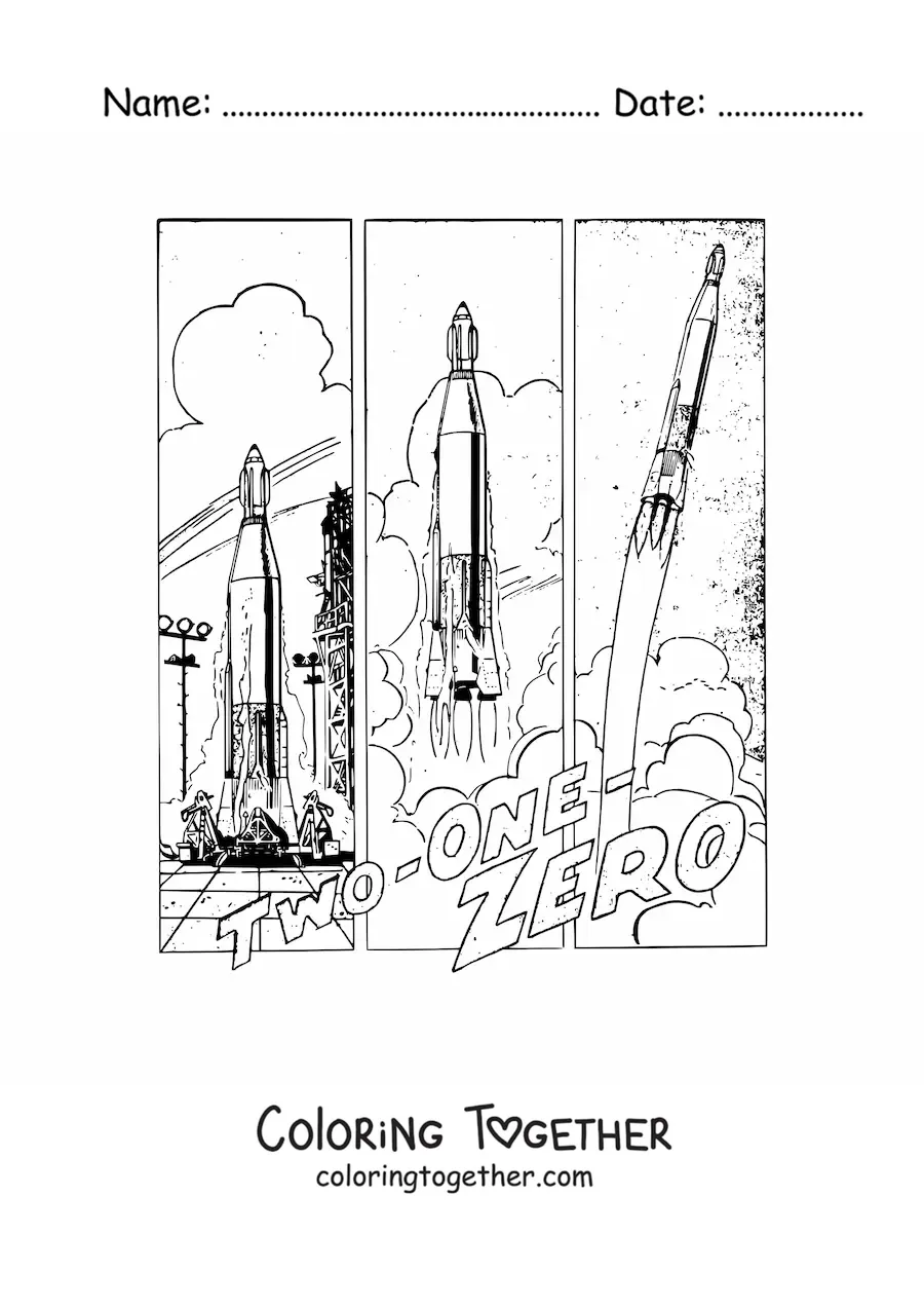 Coloring page of a scene showing the launch of a realistic rocket