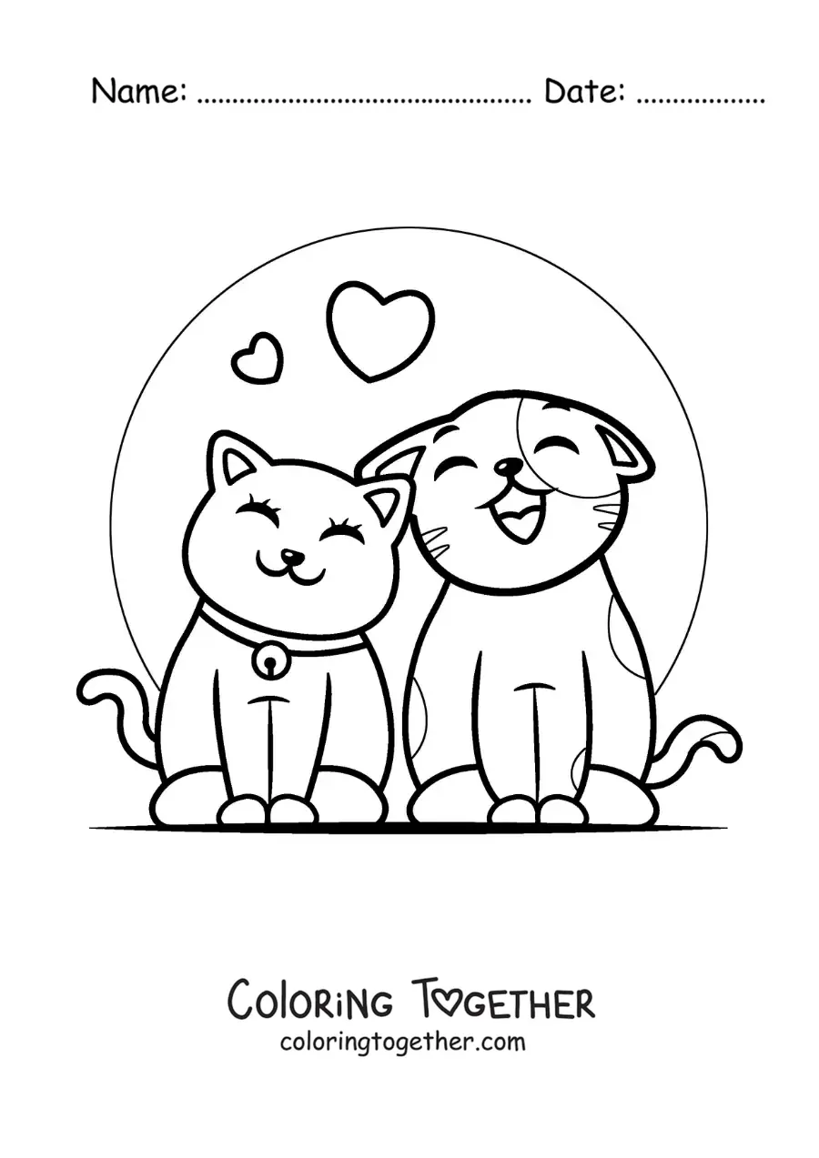 Coloring page of cats in love meowing with hearts