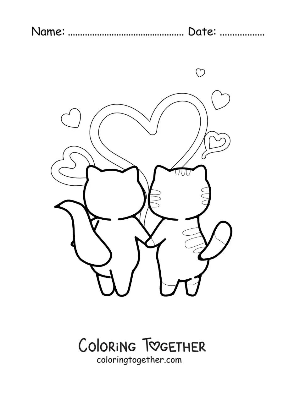 Coloring page of a pair of kittens holding paws with hearts