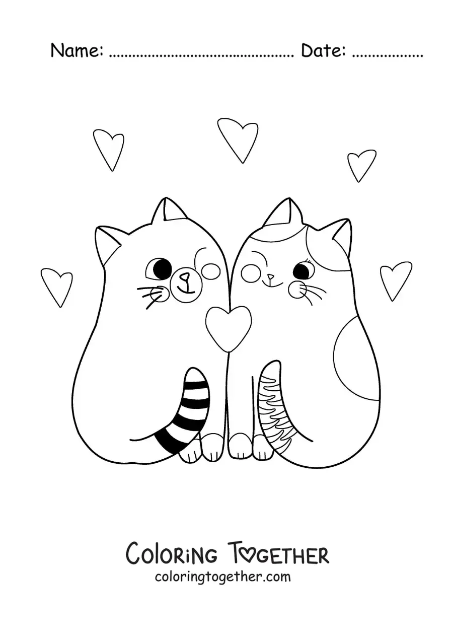 Coloring page of a pair of animated kittens in love together with hearts