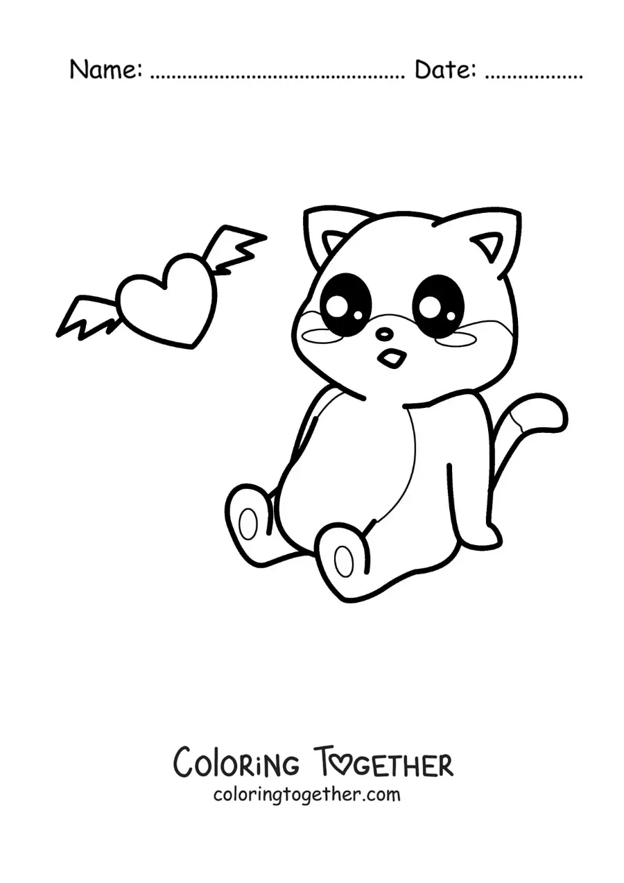 Coloring page of a kawaii animated cat sitting with a winged heart