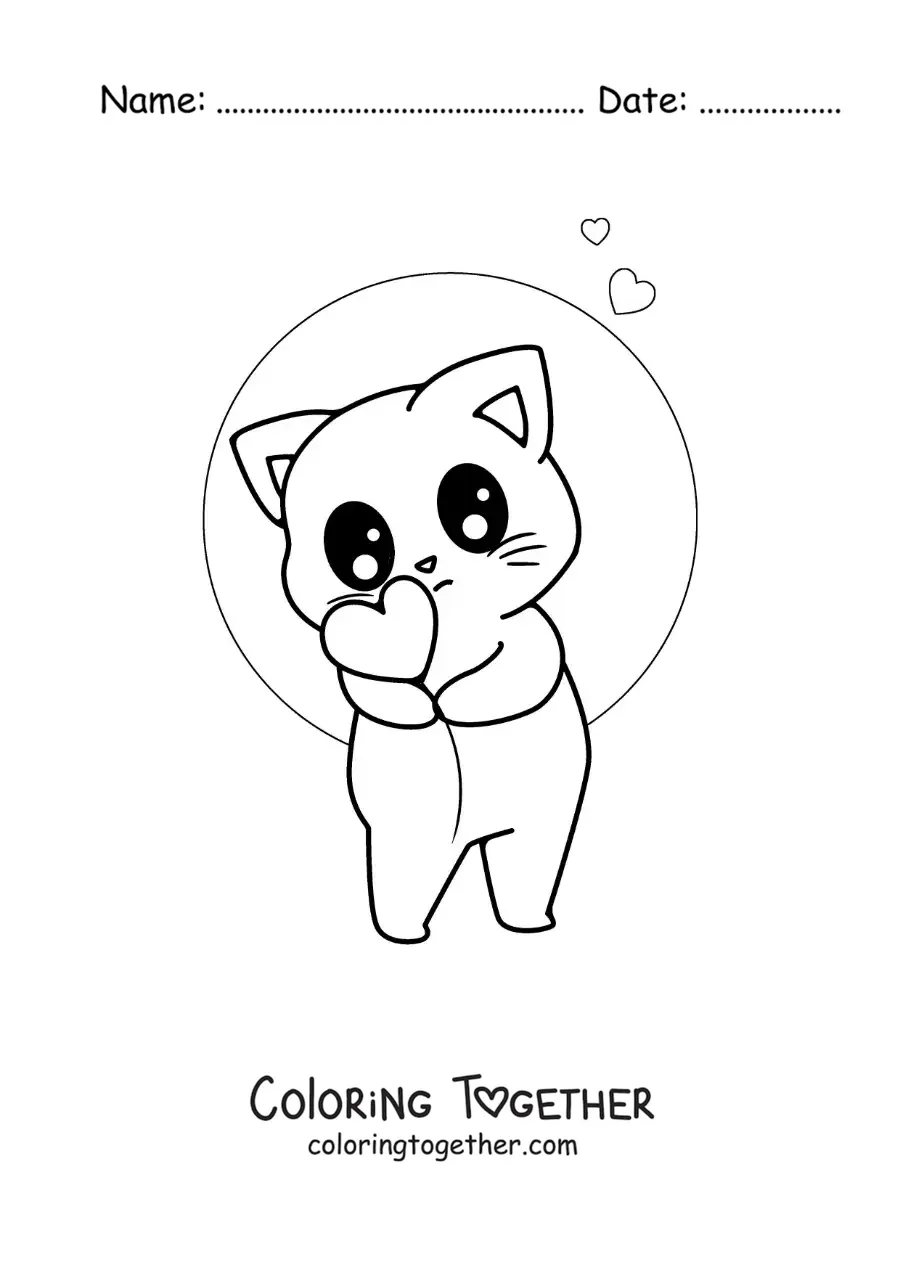 Coloring page of a kawaii animated cat with a heart balloon