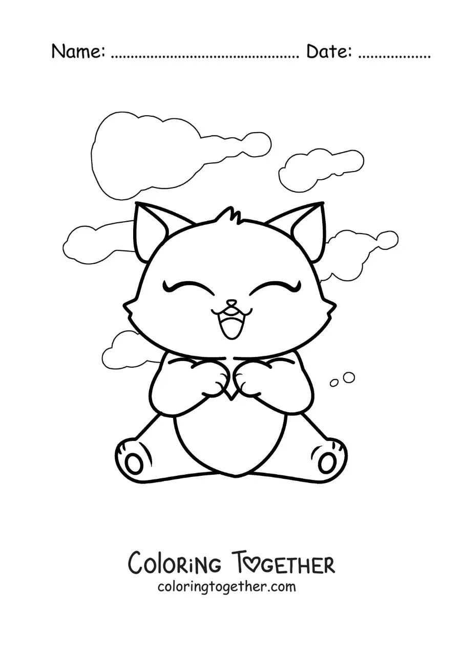 Coloring page of a cute kitten sitting with a heart