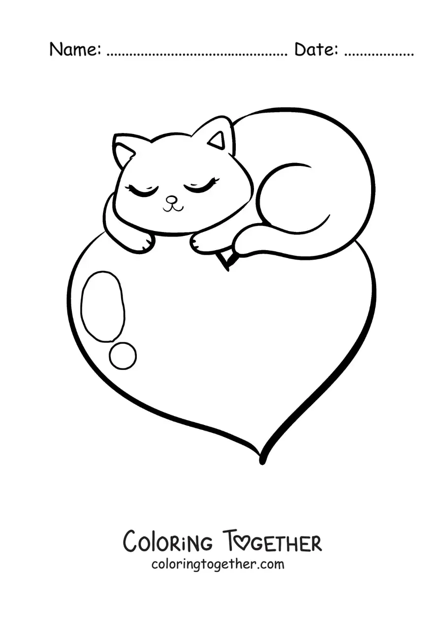 Coloring page of a cute kitten sleeping on a heart