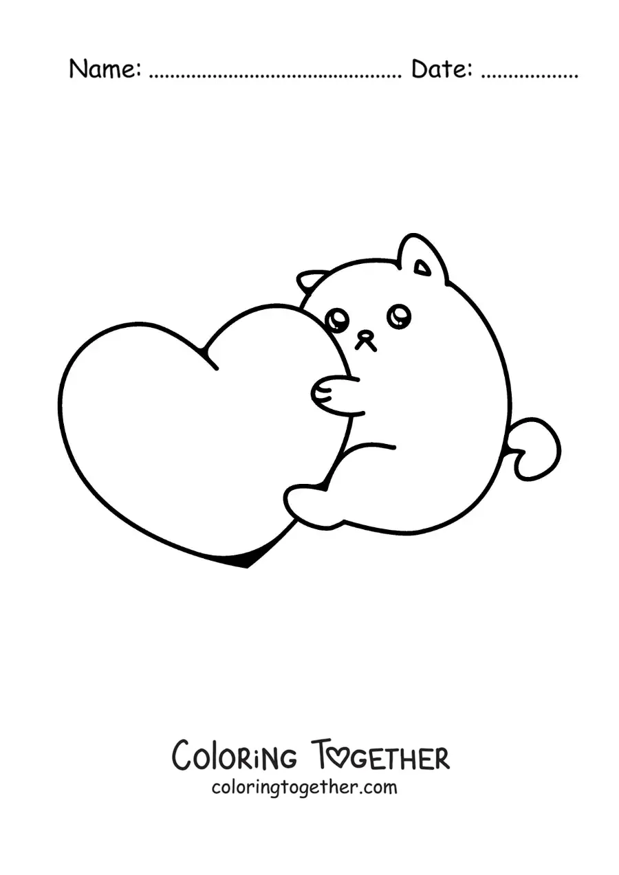 Coloring page of a cute kitten hugging a heart