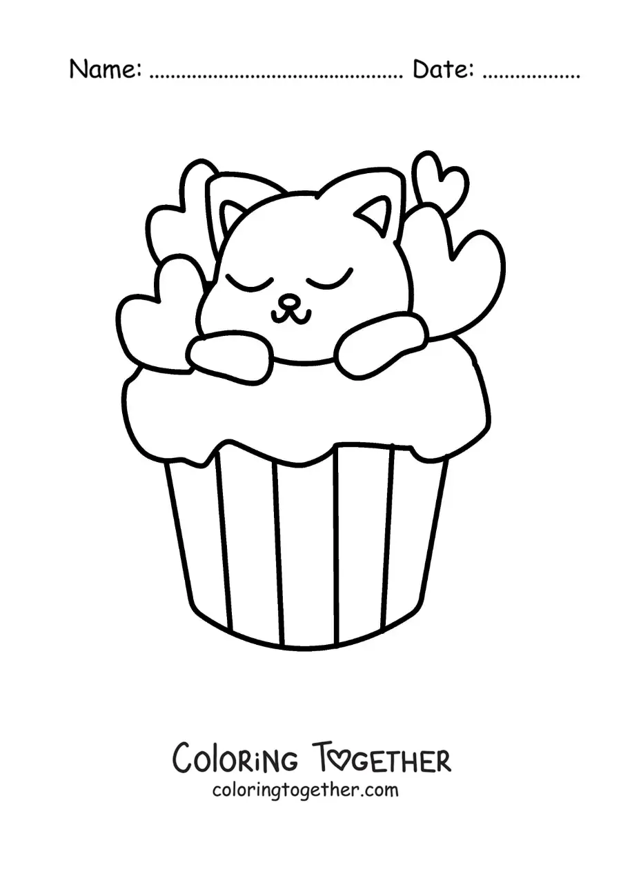 Coloring page of a cute cat sleeping on a heart cupcake