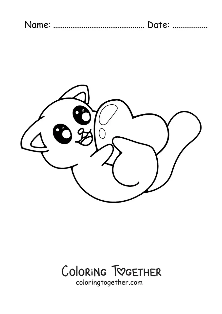Coloring page of a kawaii cat playing with a heart
