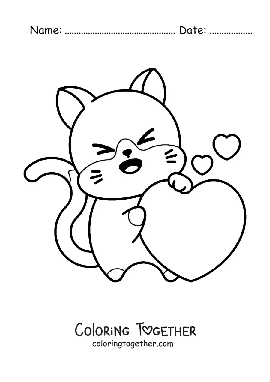 Coloring page of a kawaii cat with a big heart