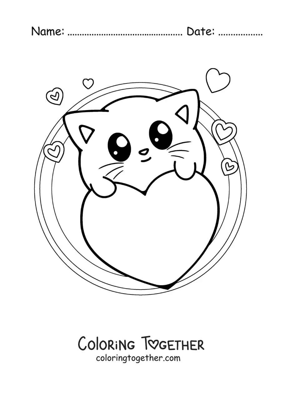 Coloring page of a cute kawaii cat with Valentine's hearts