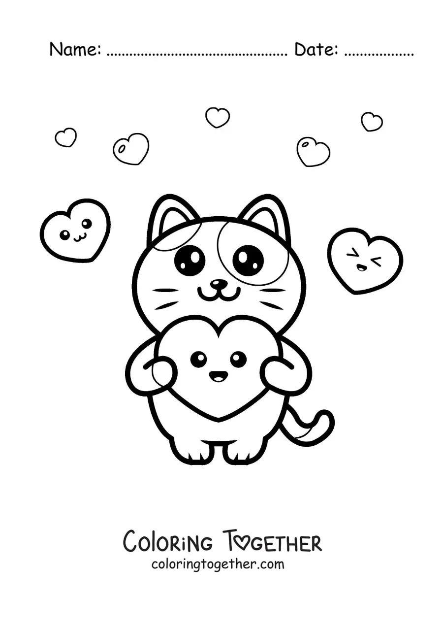 Coloring page of a cute cartoon cat with kawaii hearts