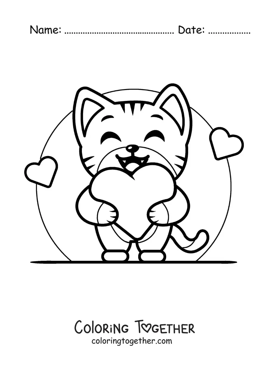 Coloring page of a cartoon cat with hearts