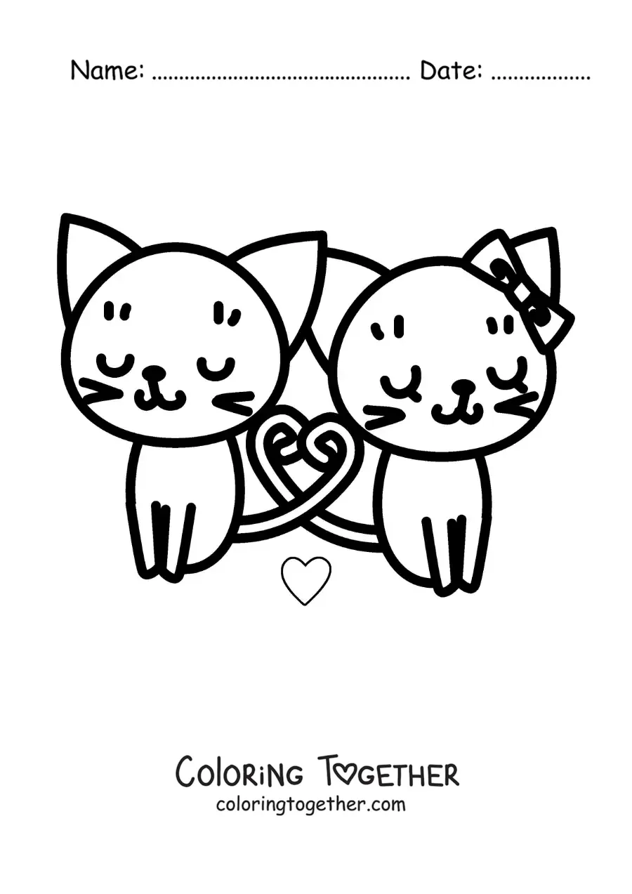 Coloring page of cute kittens in love with their tails forming a heart