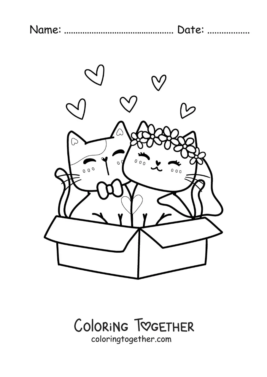 Coloring page of cute newlywed kittens sitting in a box