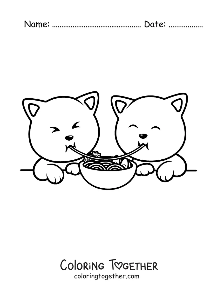 Coloring page of kittens in love having a spaghetti dinner