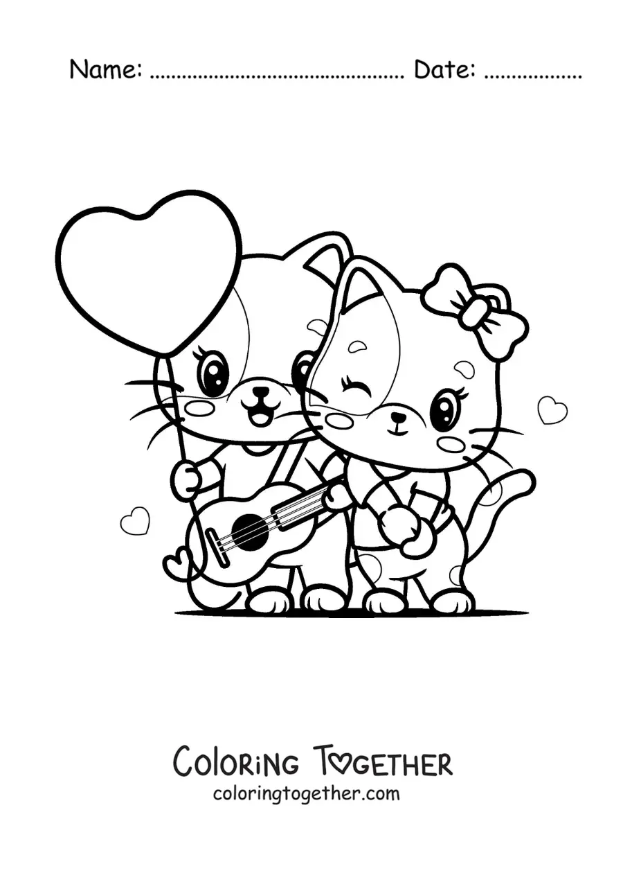 Coloring page of rocker kittens in love with a heart balloon