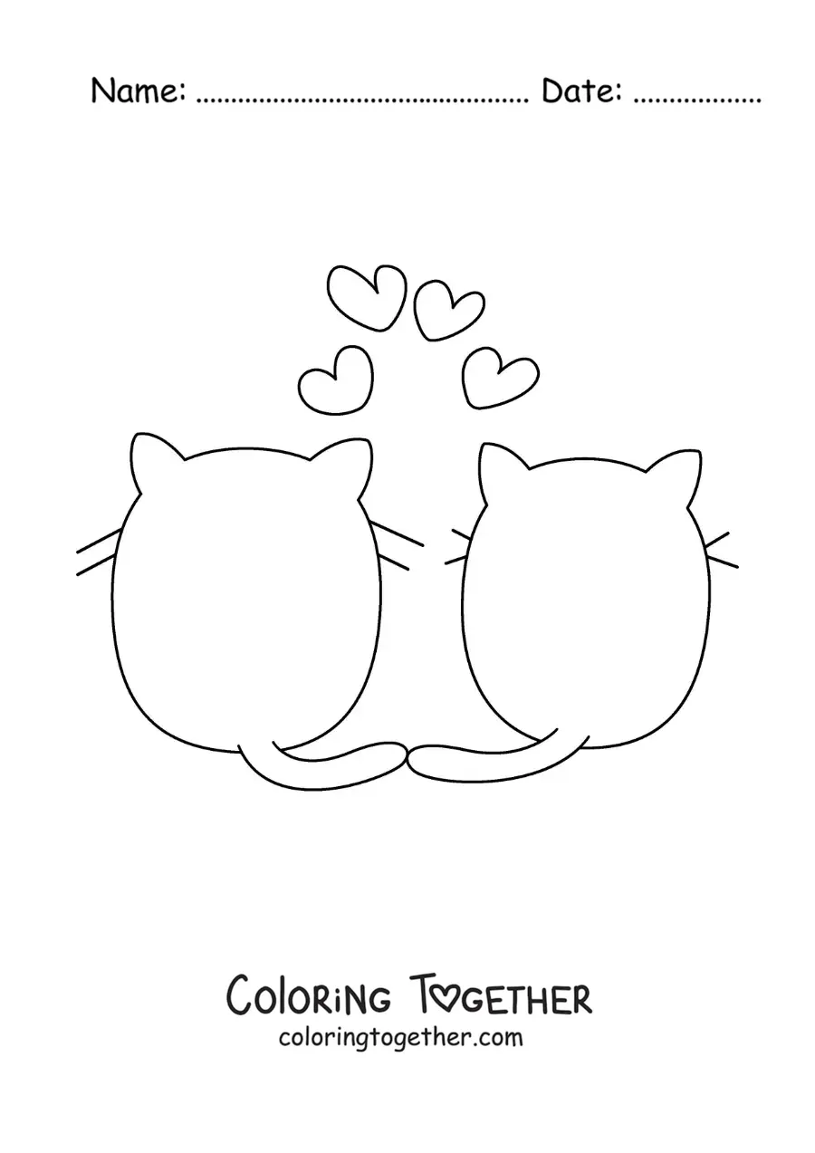 Coloring page of a silhouette of two cats in love with hearts