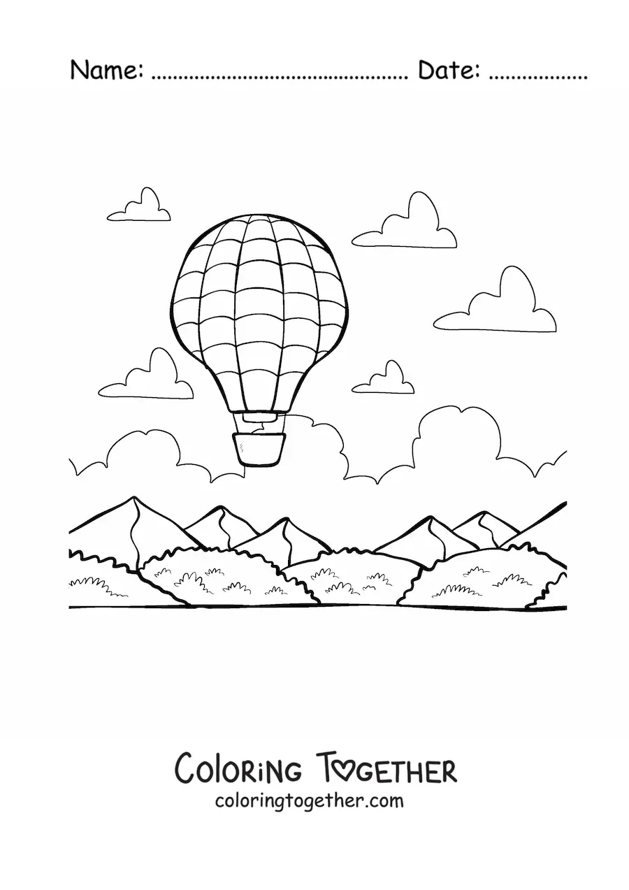 Coloring page of a hot air balloon flying between mountains