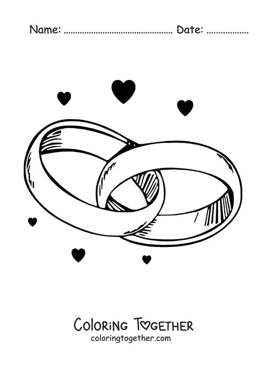 Coloring page of intertwined engagement rings with hearts