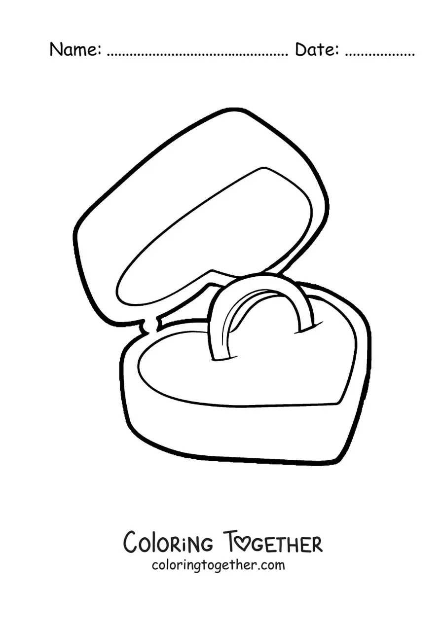 Coloring page of an engagement ring in a heart-shaped box