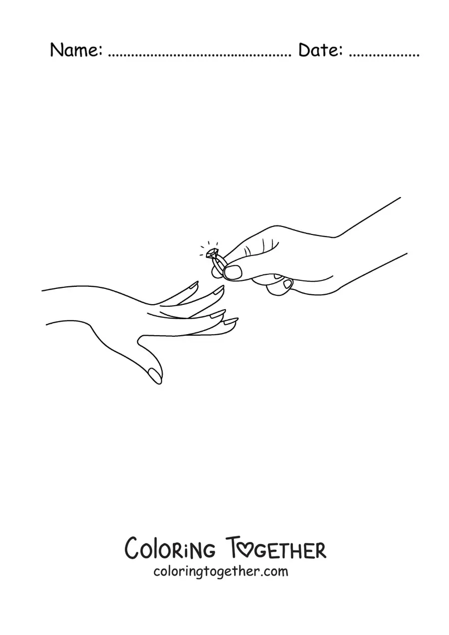 Coloring page of a hand with an engagement ring