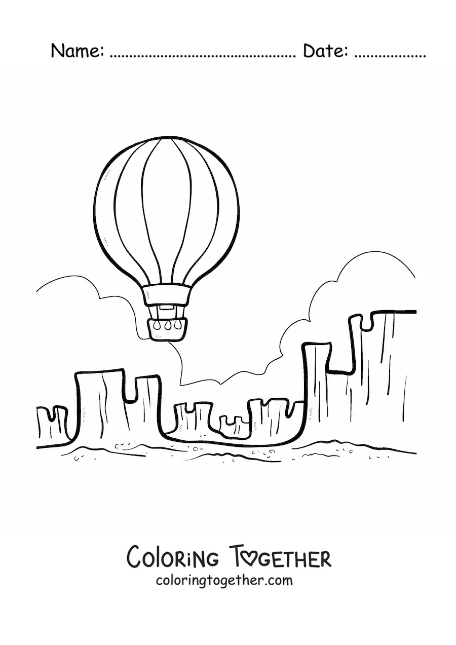 Coloring page of a hot air balloon flying over the desert