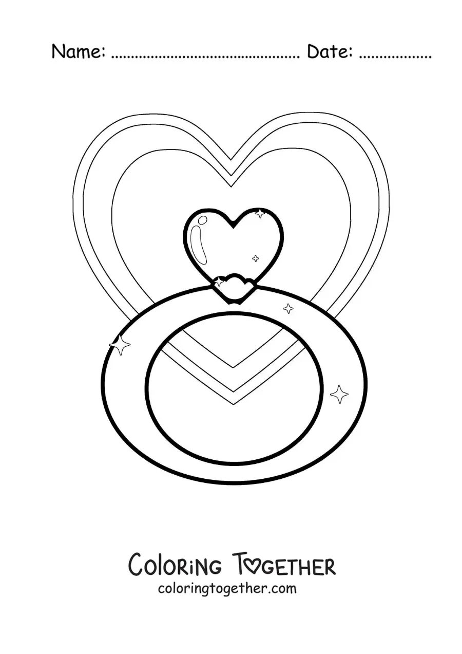 Coloring page of a heart ring with hearts in the background