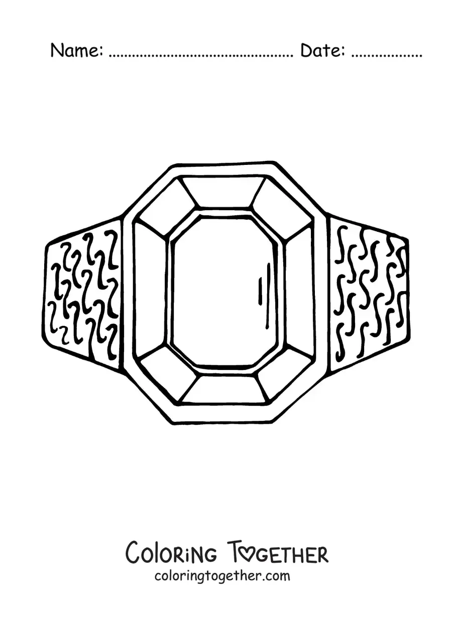 Coloring page of a ring with a precious stone