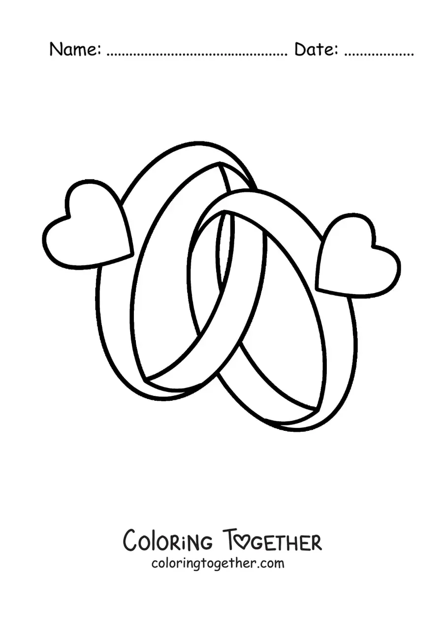 Coloring page of interlocking wedding rings with hearts