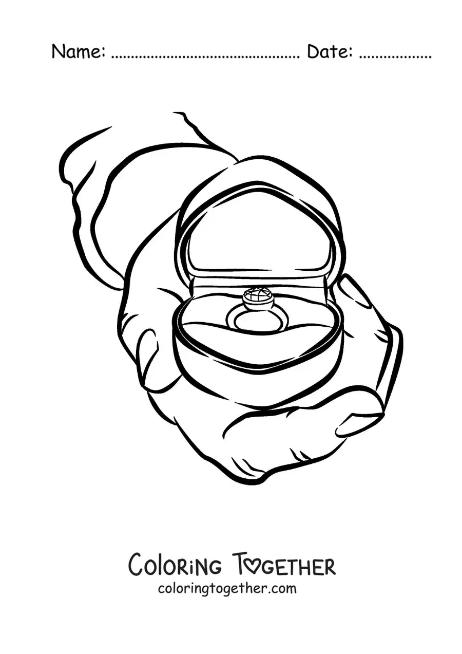Coloring page of a hand with an engagement ring in its heart-shaped box