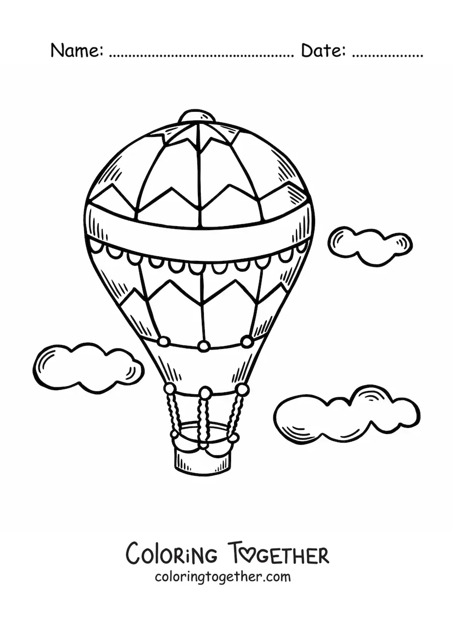 Coloring page of a hot air balloon flying in the sky