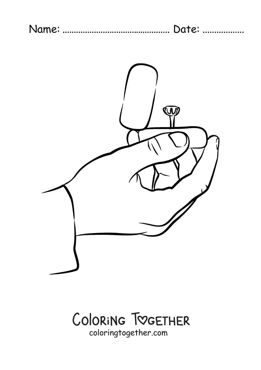Coloring page of a hand with an engagement ring in its box