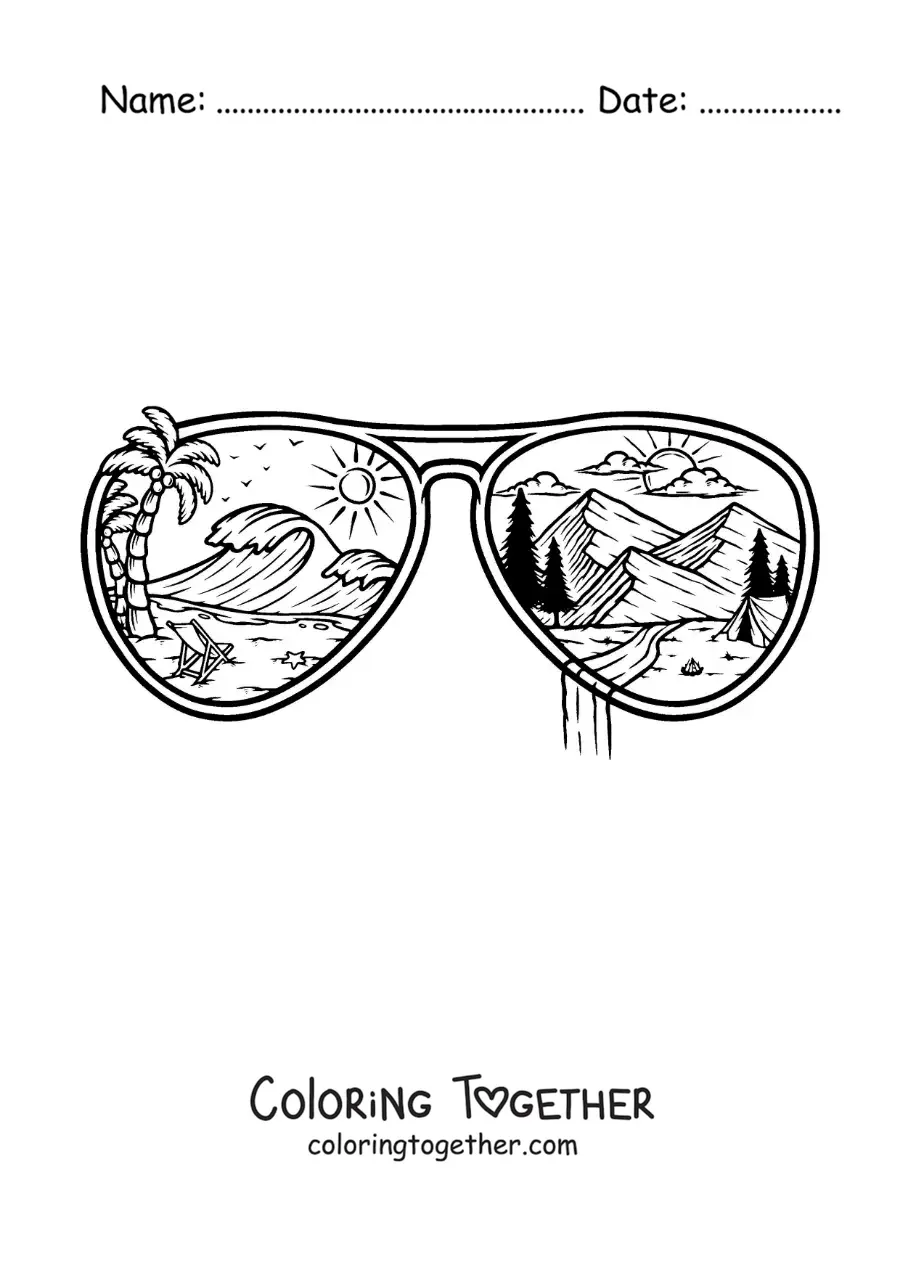 Coloring page of sunglasses with a landscape