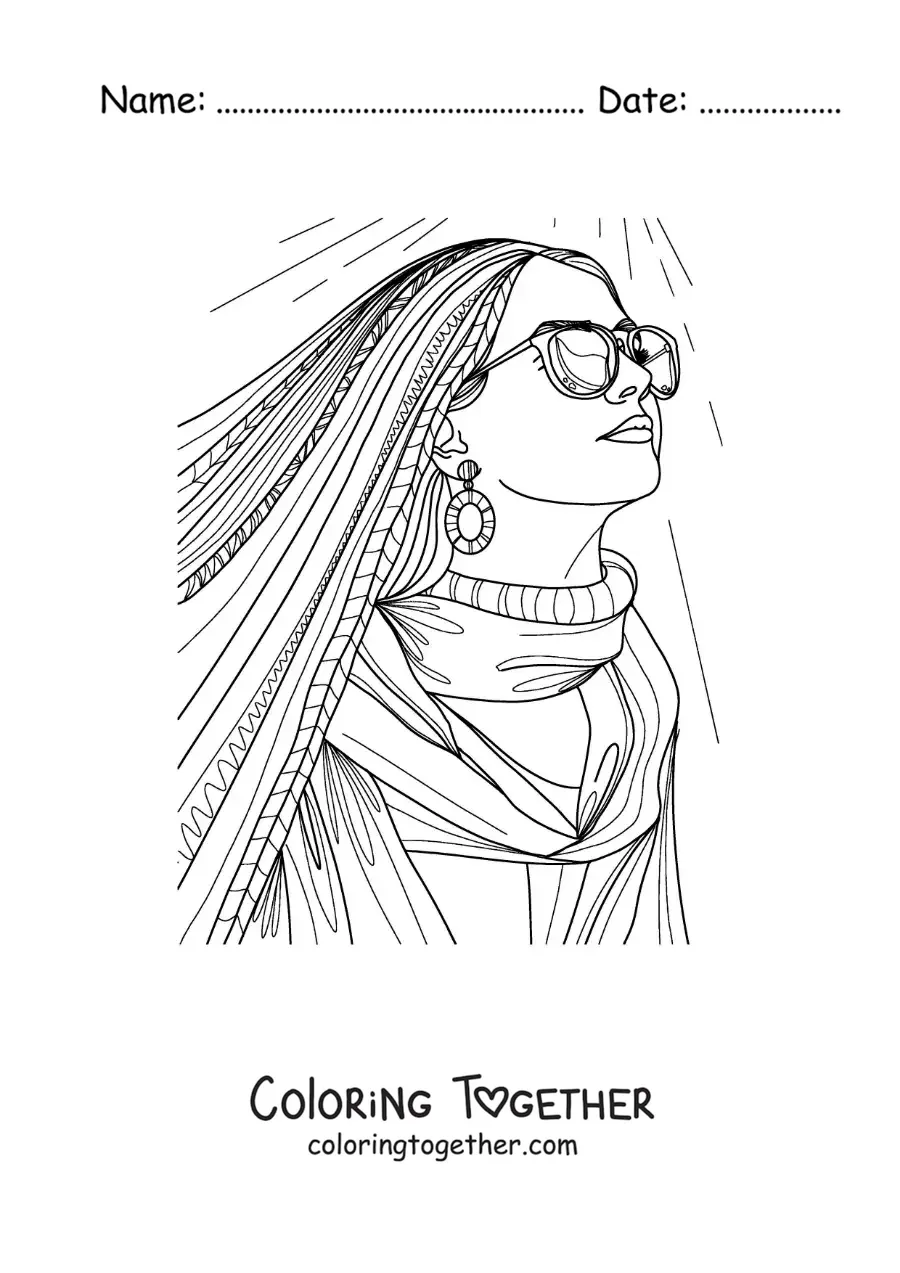 Coloring page of a beautiful tumblr girl with glasses