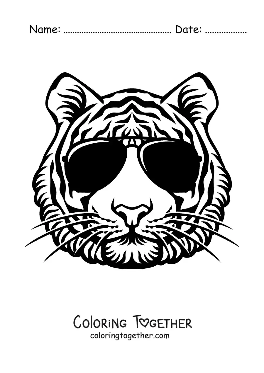 Coloring page of an animated tiger with sunglasses