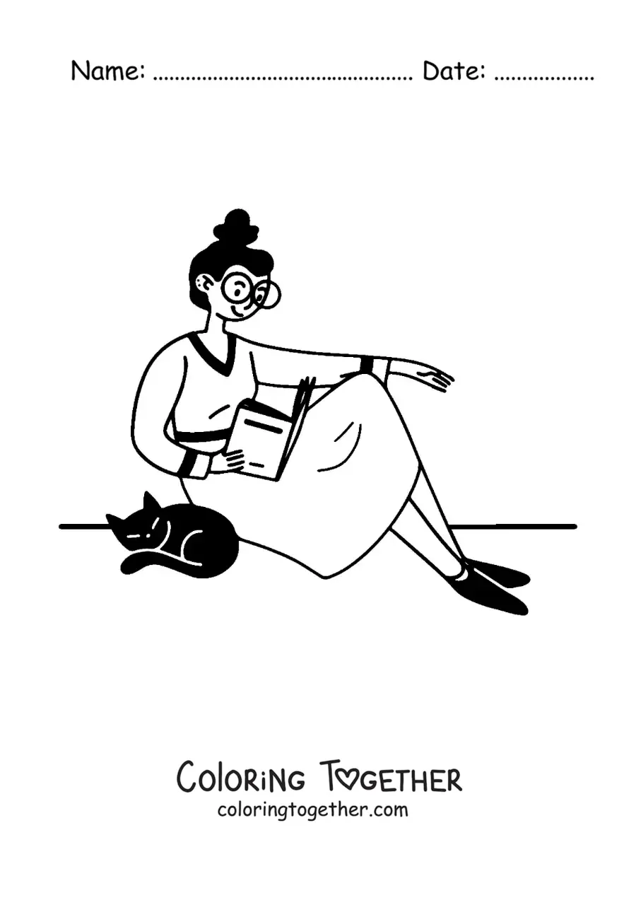 Coloring page of a girl with glasses sitting and reading next to her cat