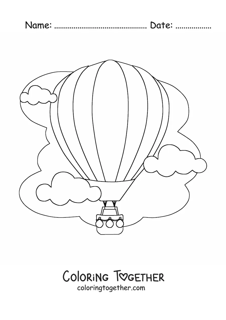 Coloring page of a hot air balloon among the clouds in the sky