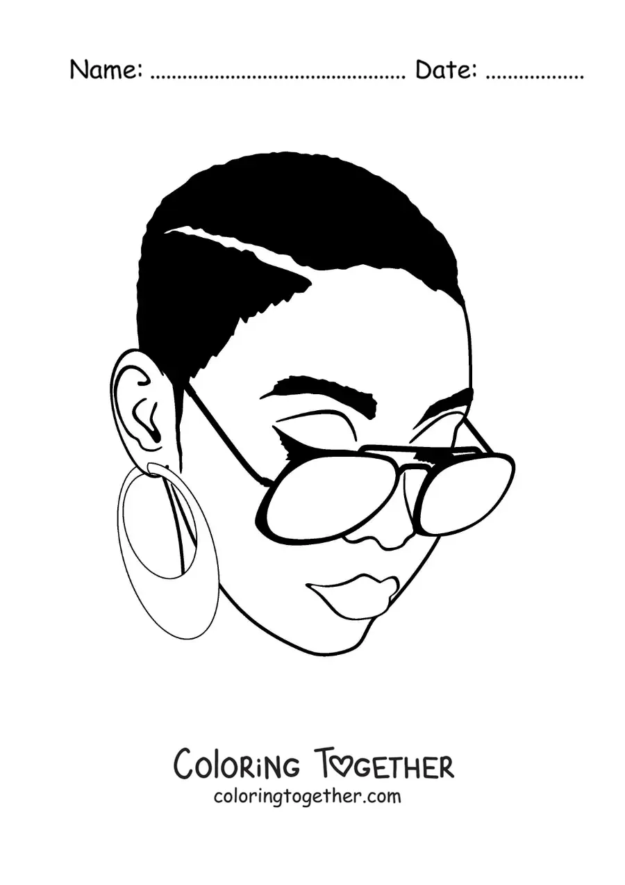 Coloring page of the face of a woman with fashionable glasses