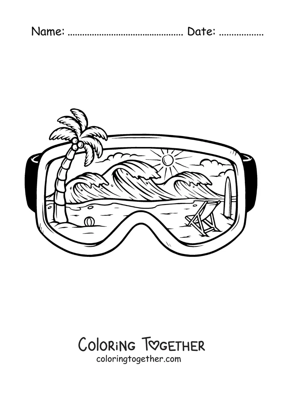 Coloring page of diving goggles with a beach landscape
