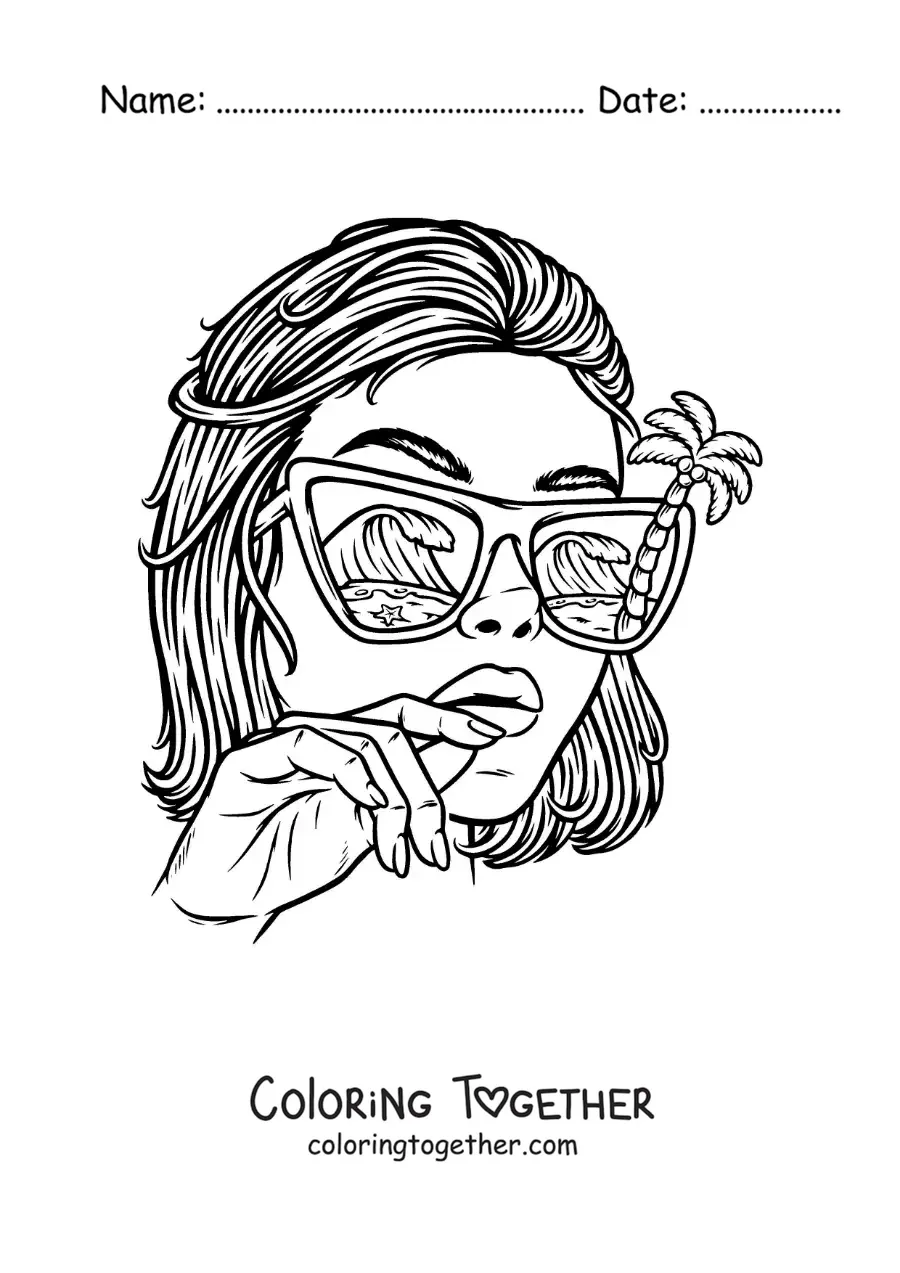 Coloring page of a beautiful girl with sunglasses and a beach landscape