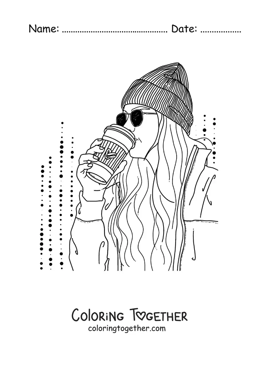 Coloring page of a tumblr girl with glasses and a beanie drinking coffee