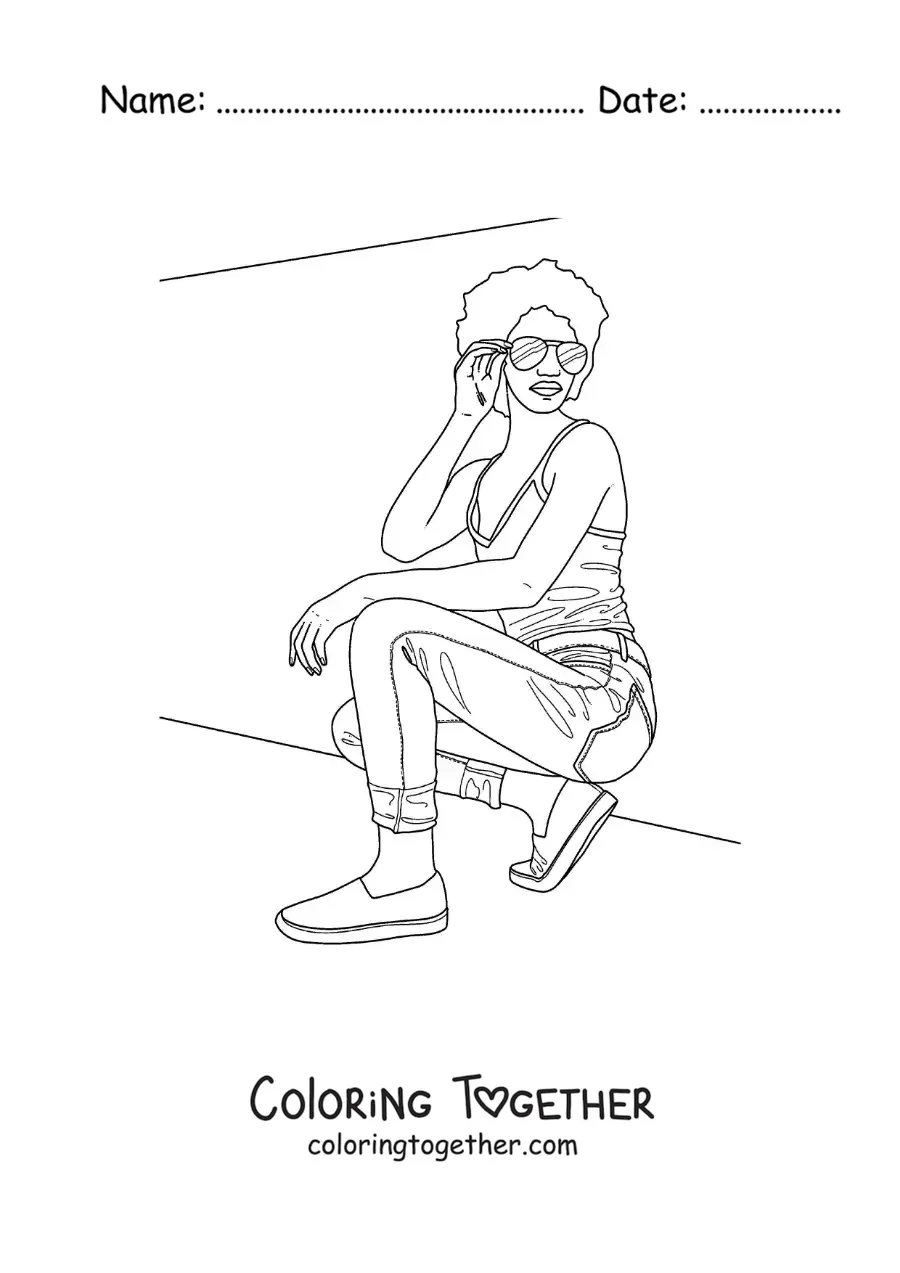 Coloring page of a beautiful African American woman with fashionable glasses