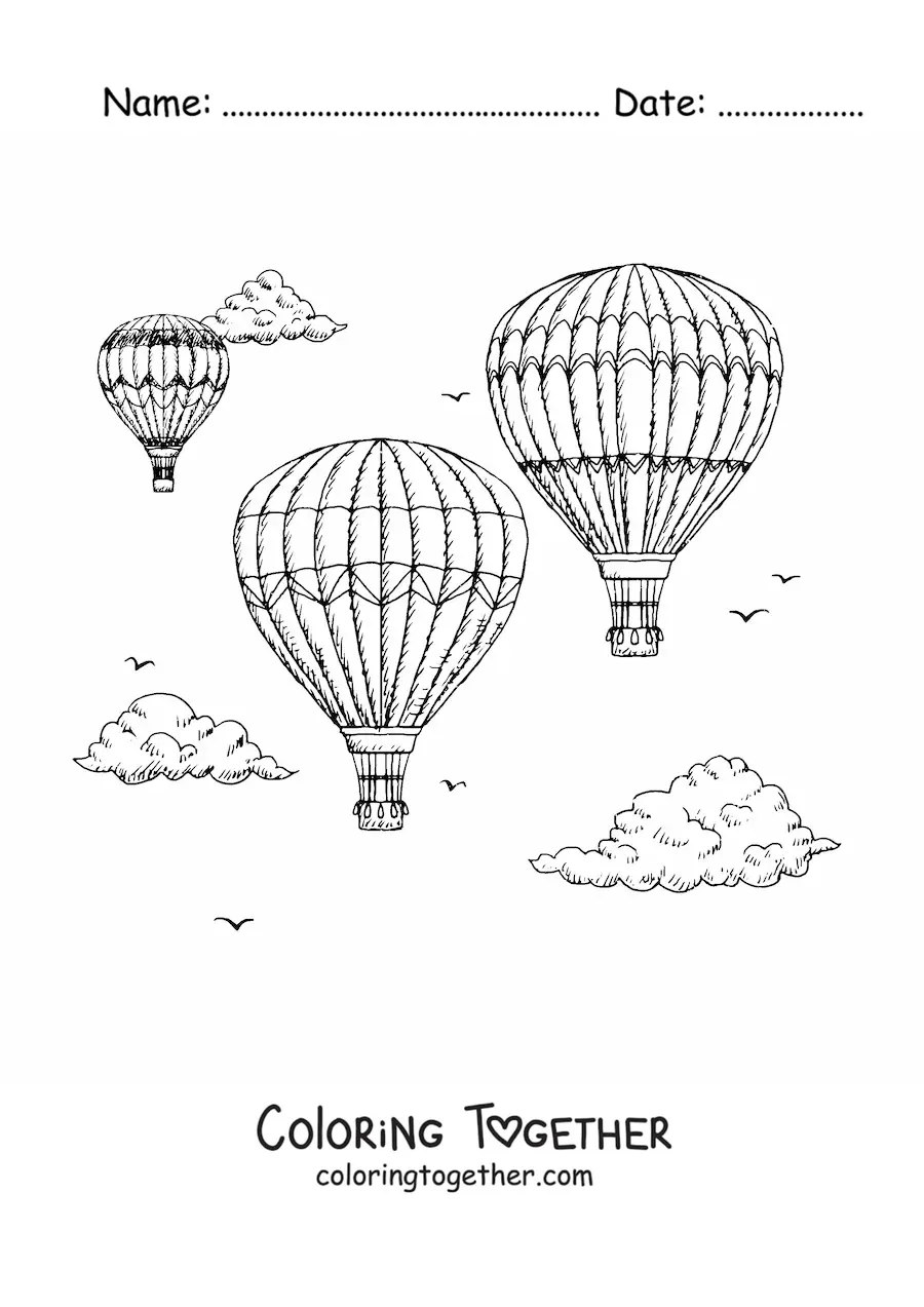 Coloring page of three hot air balloons in the sky