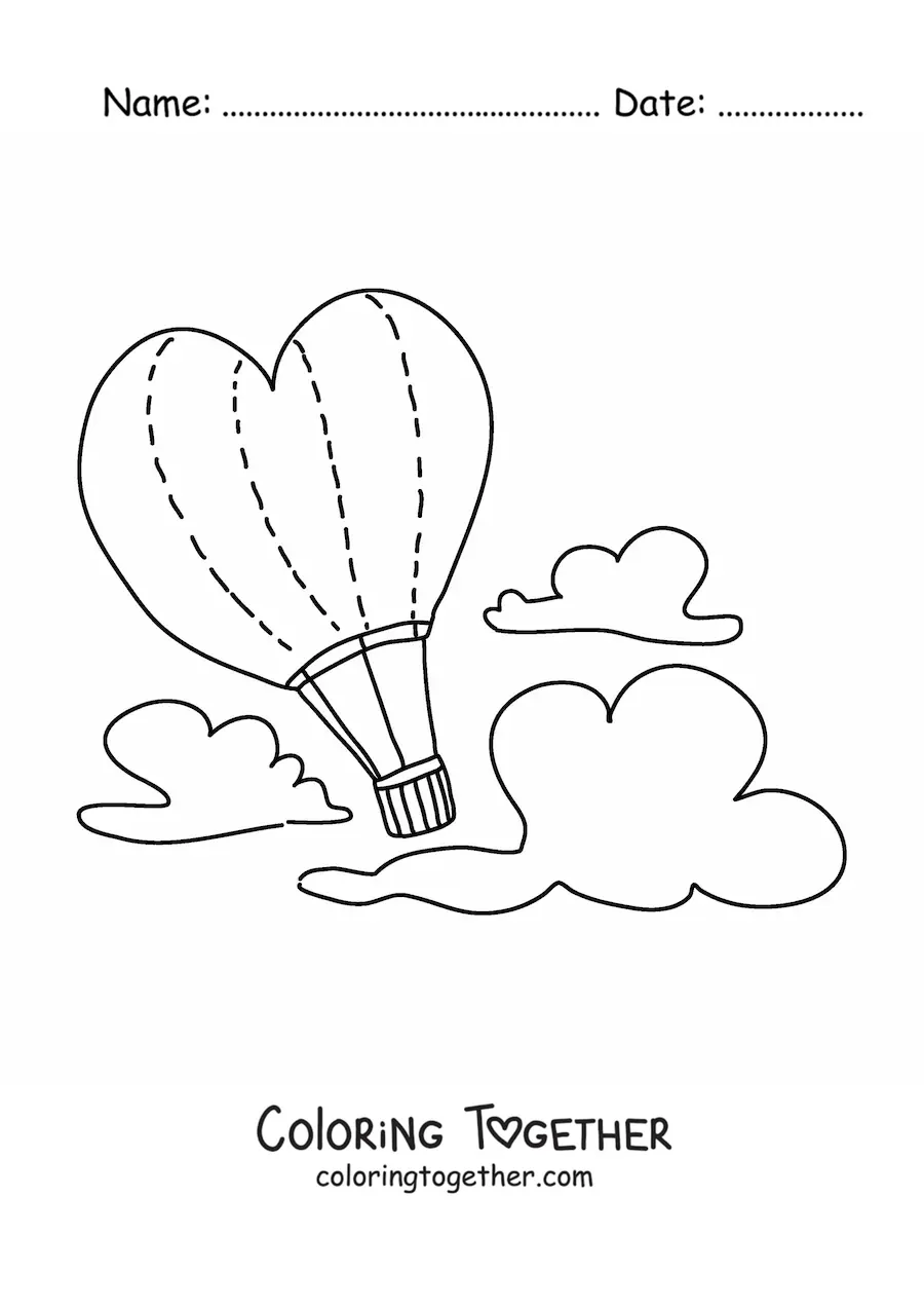 Coloring page of a heart-shaped hot air balloon in the sky