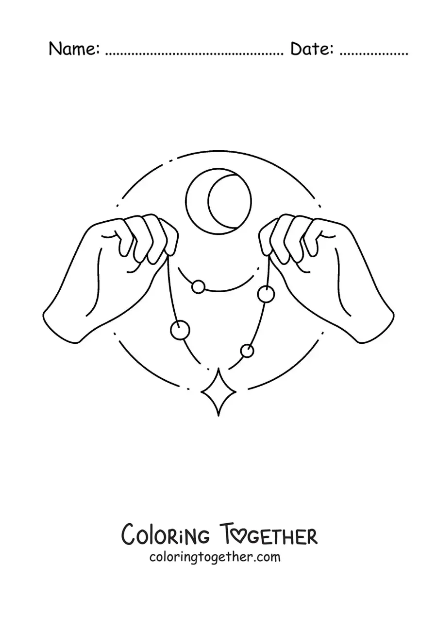 Coloring page of hands holding a beaded necklace