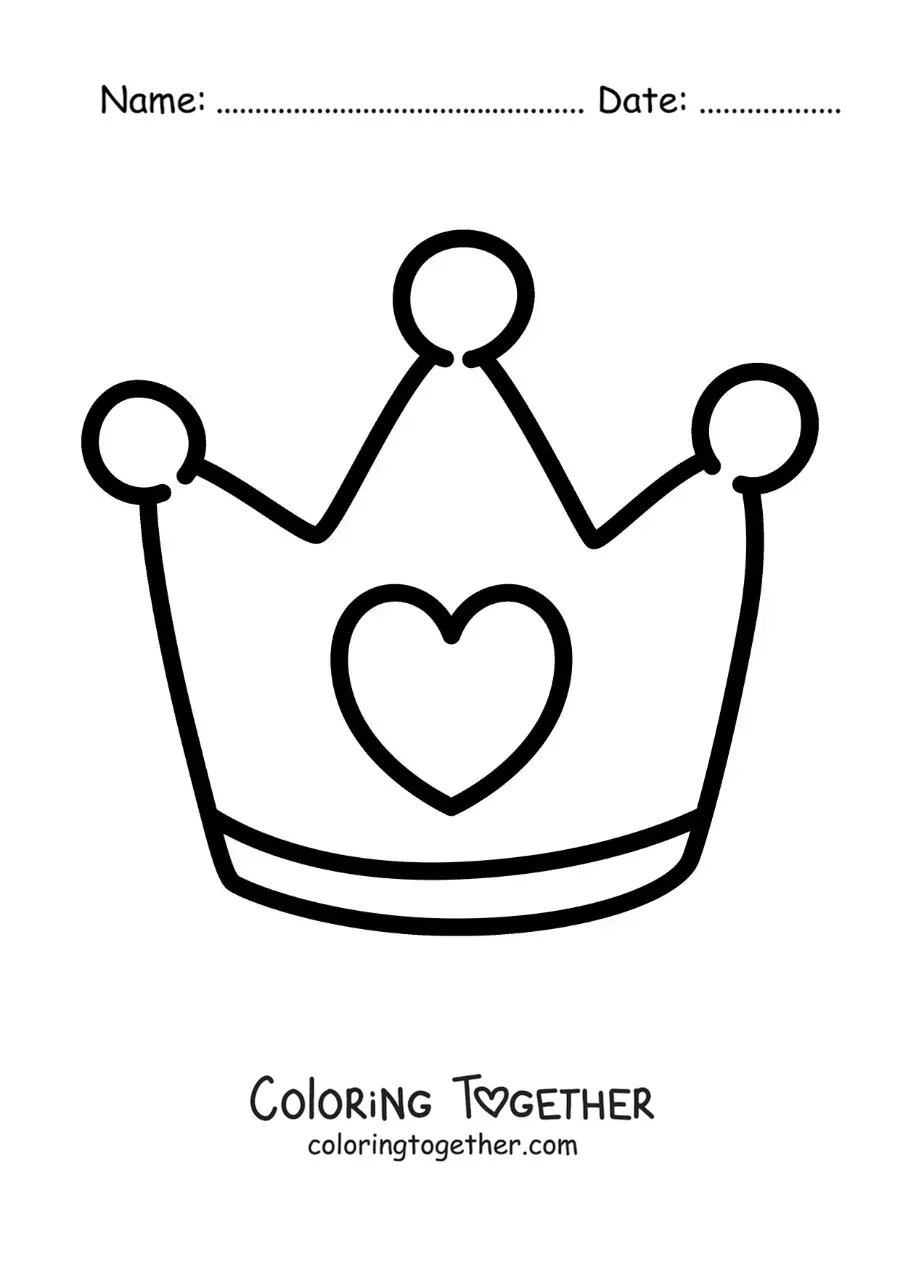 Coloring page of a pretty little crown with a heart